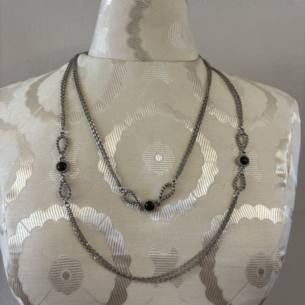 Layered Chain Black Faux Stone Necklace Silver Tone